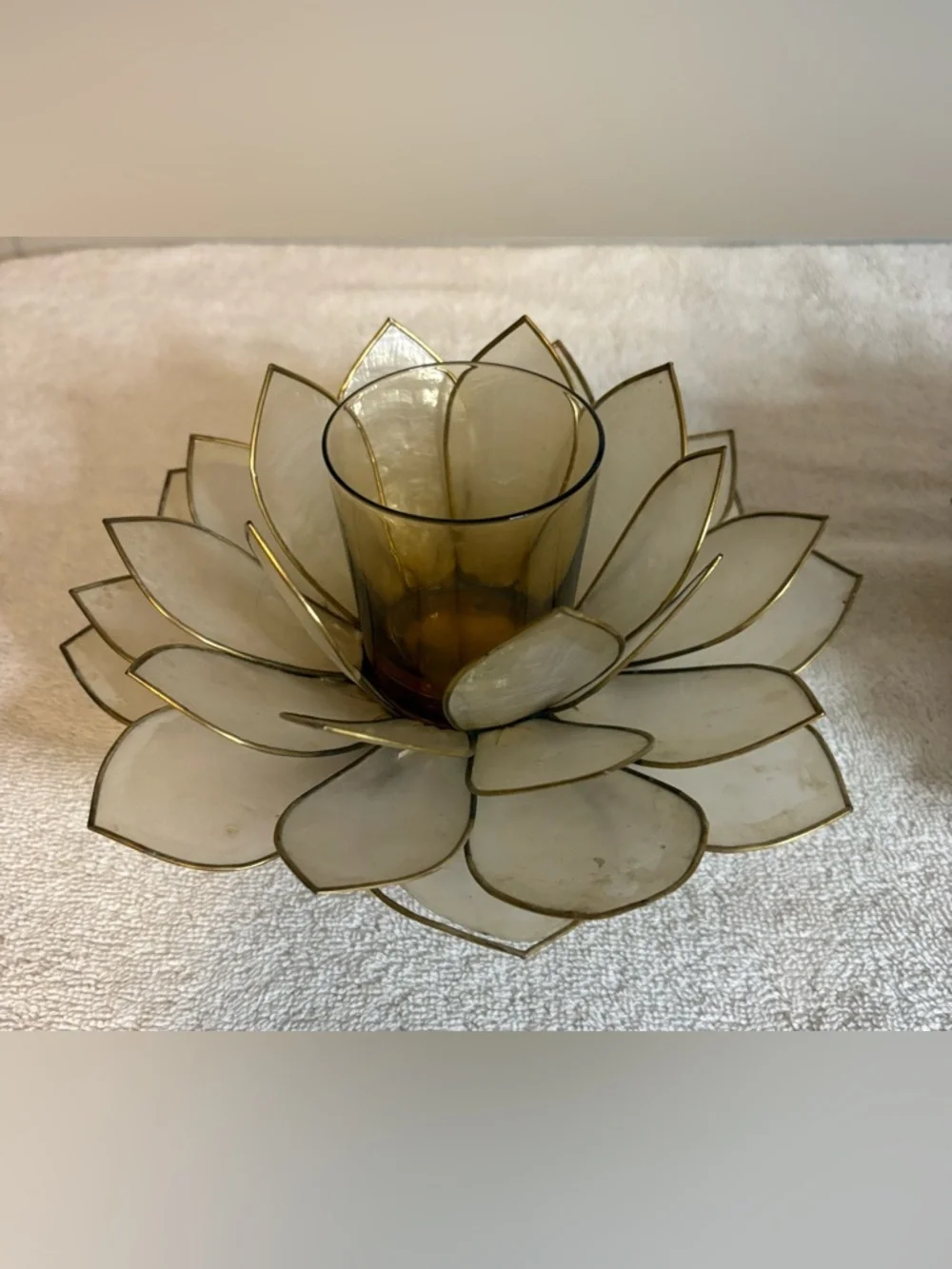 PAIR VINTAGE CAPIZ SHELL LOTUS STYLE BRASS ACCENT EDGE VOTIVE CANDLE HOLDER